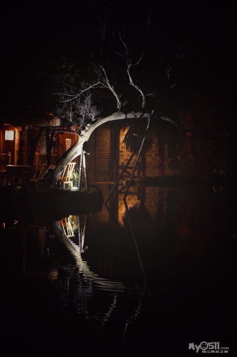 窑湖小镇夜景 · 夜幕下的窑湖小镇，灯火璀璨，古塔 宜兴实景照片